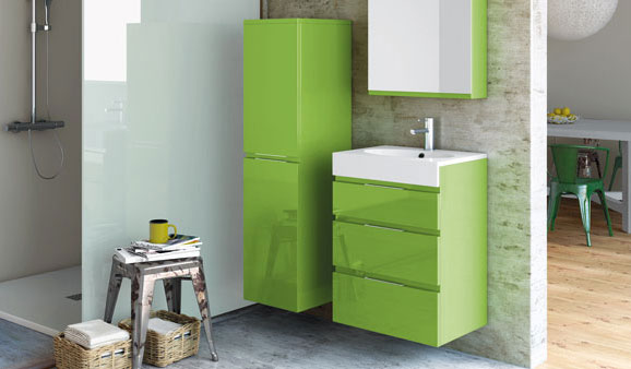 Meuble Egoïste de Decotec en vert, pour mini salle de bains