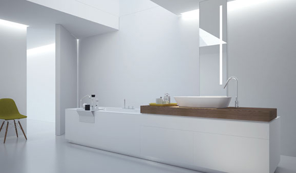 En bois et blanc, un ilot de salle de bains tout en longueur