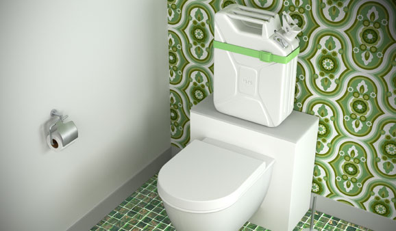 Toilettes équipées d'une chasse d'eau WTKM en forme de jerrican blanc