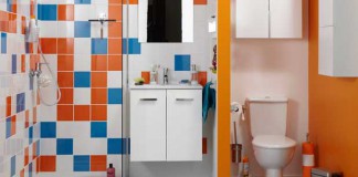 Une mini salle de bain avec douche, meuble et WC séparé par une cloison