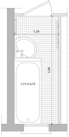 Plan d'une salle de bain couloir avec une baignoire