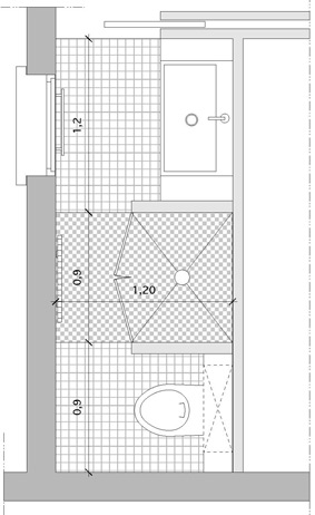 Plan d'une salle de bains couloir avec une douche séparent le lavabo et les WC