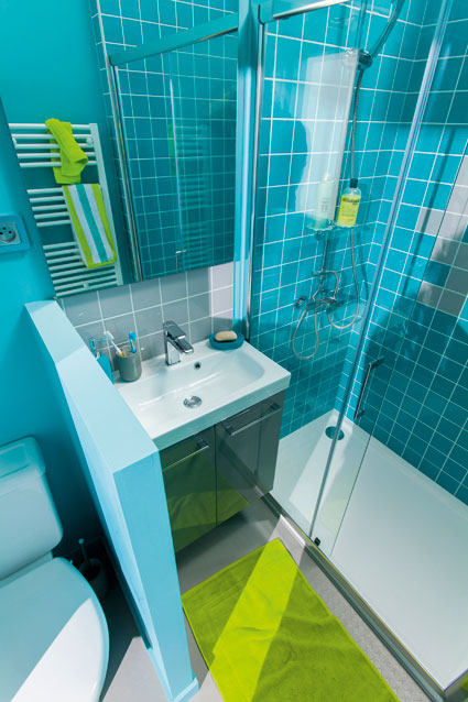  salle d'eau bleue avec WC, gros-plan sur la douche