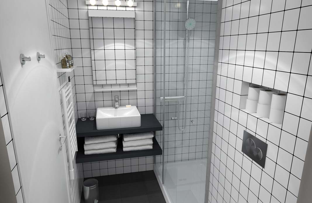 carrelage blanc dans la salle de bain de l'hôtel Rocky Pop à Chamonix