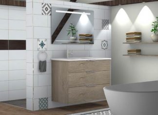 image 3D d'une salle de bain blanche avec un meuble en bois