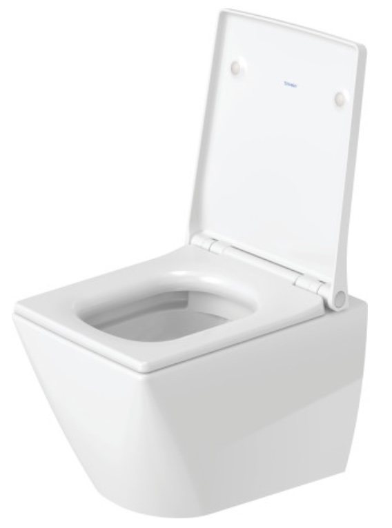 WC blanc suspendu compact Viu de Duravit, aux lignes un peu angulaires