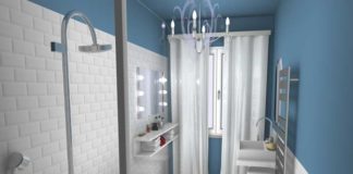 Vue d'une salle de bain bleu et blanche orignale et déco