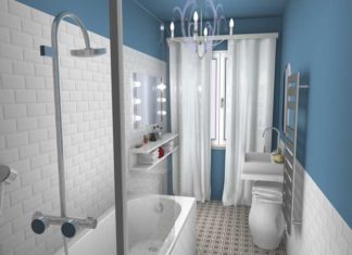 Vue d'une salle de bain bleu et blanche orignale et déco