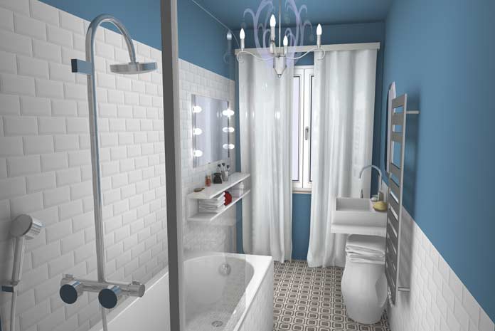 perspective d'une salle de bain bleue et blanche déco et pas chère