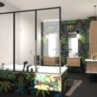 Salle de bains avec carrelage motif jungle et paroi de douche verrière
