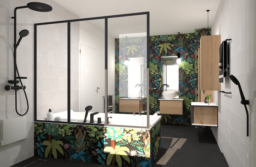Salle de bains avec carrelage motif jungle et paroi de douche verrière