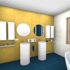 salle de bains aux murs jaunes et sol bleu