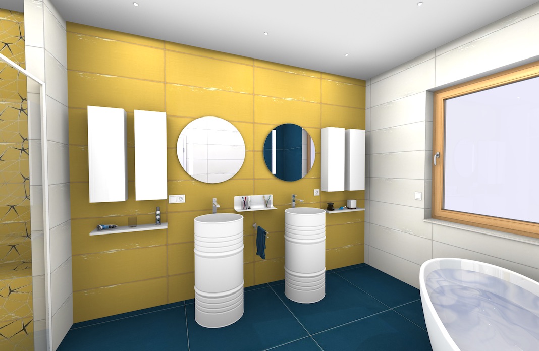 salle de bains aux murs jaunes et sol bleu
