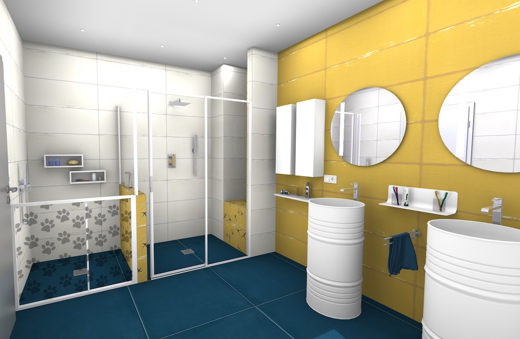 dans une salle de bains jaune et bleue, un lavabo en forme de fût