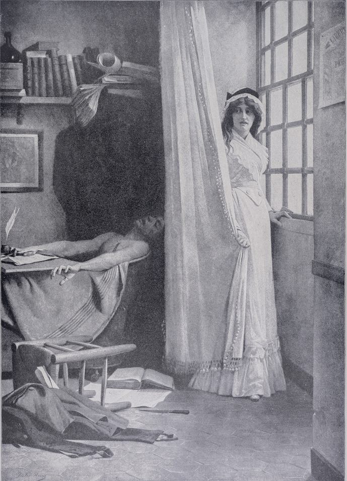 Gravure montrant Marat dans sa baignoire et Charlotte Corday