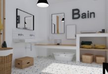 salle de bain enfant avec sol en terrazzo et murs blanc
