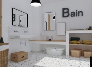 salle de bain enfant avec sol en terrazzo et murs blanc