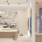 Une salle de bains enfants beige et bleue