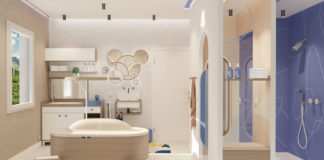Une salle de bains enfants beige et bleue