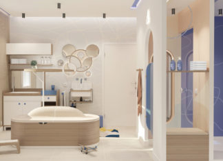 Une salle de bains enfants beige et bleue