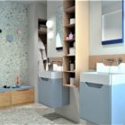 une salle de bains bleue pour enfants avec rangements