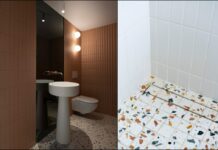 deux vues d'une salle de bains avec lavabo totem et terrazzo au sol