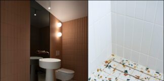 deux vues d'une salle de bains avec lavabo totem et terrazzo au sol