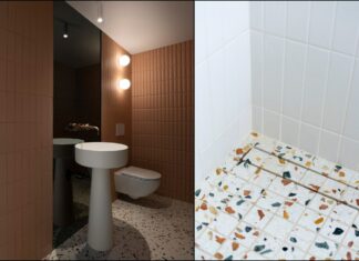 deux vues d'une salle de bains avec lavabo totem et terrazzo au sol