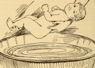 gravure ancienne : un bébé sur le poids d'être baigné dans un baquet