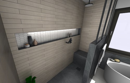 Douche avec carreaux imitant le bois dans une salle de bains de style atelier