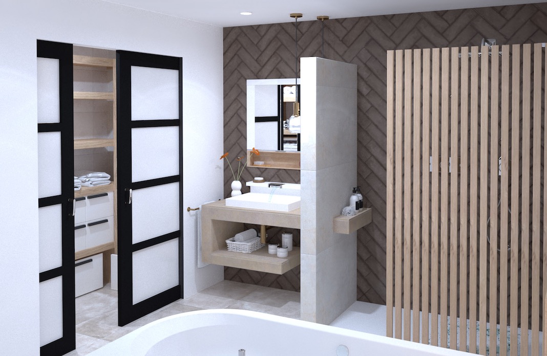 En 3D, une salle de bains avec douche japandi et lavabo carrelé
