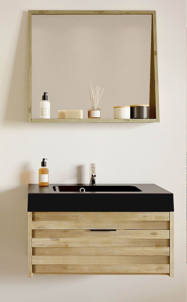 meuble salle de bain en bois brut et vasque noire