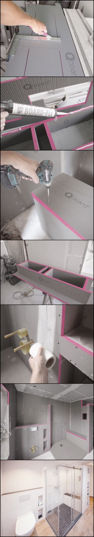 Images de la fabrication de niches dans la salle de bains avec les plaques Qboard