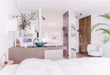 Salle de bains dans la chambre, séparée par le plan de toilette