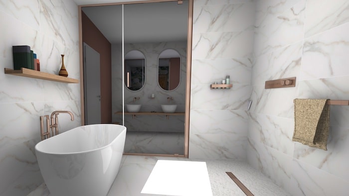 salle de bains en marbre blanc avec baignoire ilot et douche