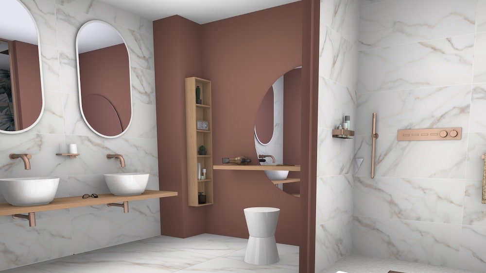 Salle de bains avec marbre blanc et mur terracotta