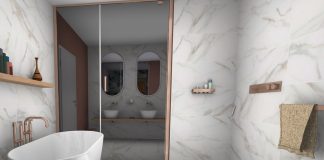 Baignoire et douche dans un espace fermé en marbre