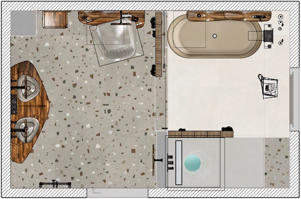 Plan d'implantation salle de bains avec claustra terre cuite