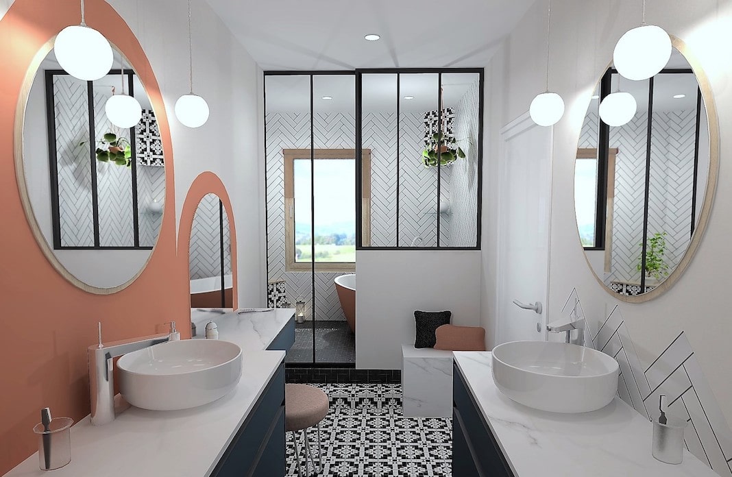 Salle de bains à deux zones graphique, féminisé par les aplats de peinture couleur terracotta