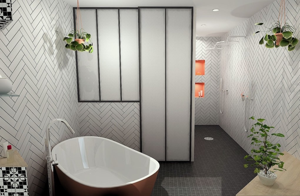 Salle de bains avec cloison verrière qui sépare deux zones