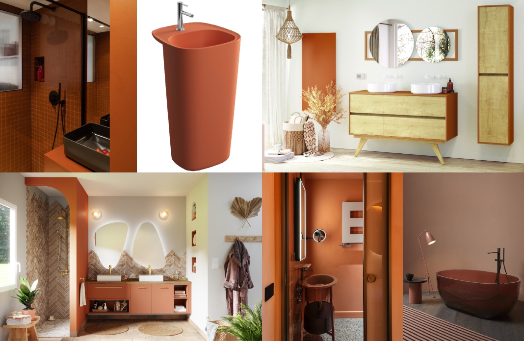 Ambiances et produits de salle de bains en couleur terracotta