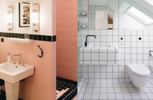 Deux salles de bains avec des carreaux carrés