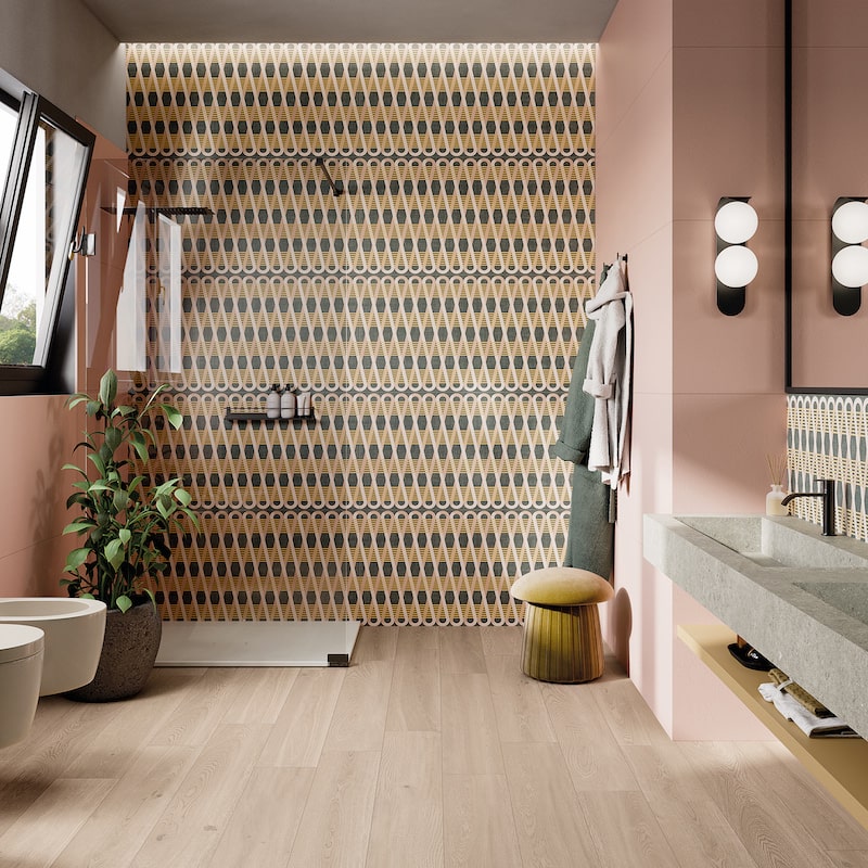 Carrelage à motifs géométrique, tendance salle de bain 2023
