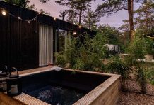 spa devant une tiny house en bois