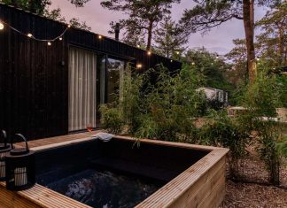 spa devant une tiny house en bois