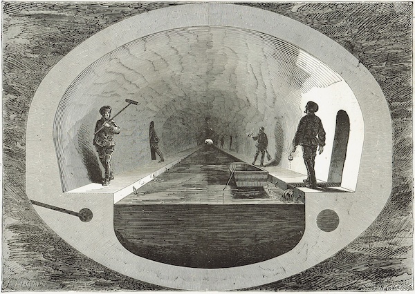 Gravure représentant l'égout collecteur, extrait de Paris à travers les âges, de Gourdon de Genouillac