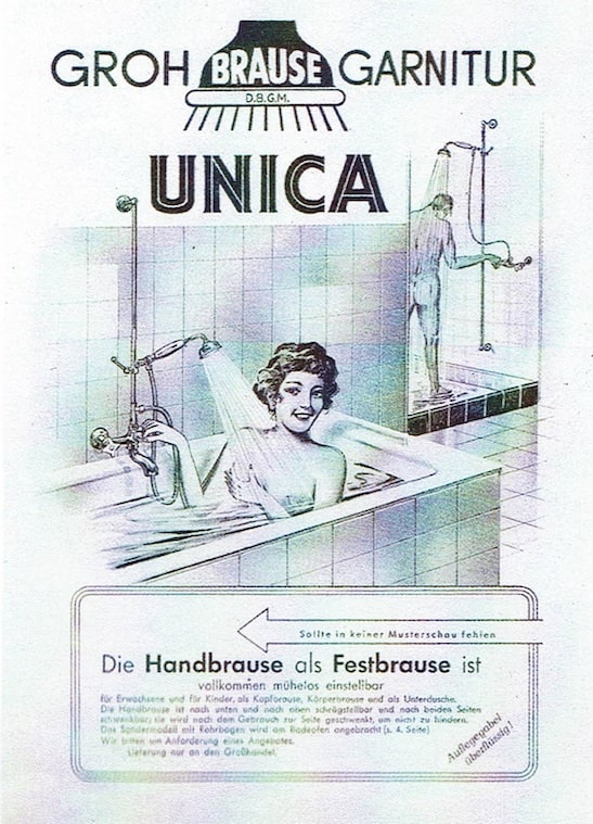 Publicité allemande des années 1950 pour la barre de douche Unica de Hansgrohe