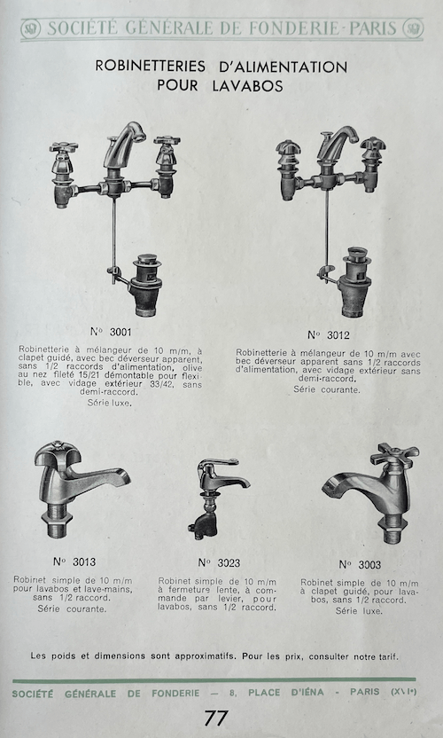 Page robinetterie d'un catalogue Jacob Delafon des années 1950