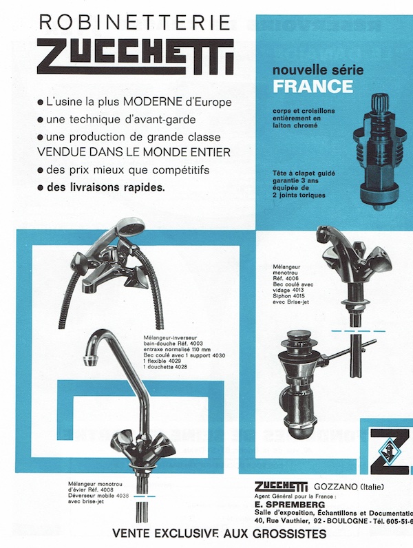 Publicité Zucchetti de 1969, présentant ses robinets mélangeurs 