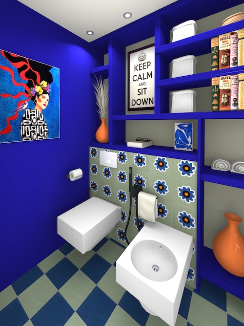 Un grand WC bleu avec un WC et un bidet